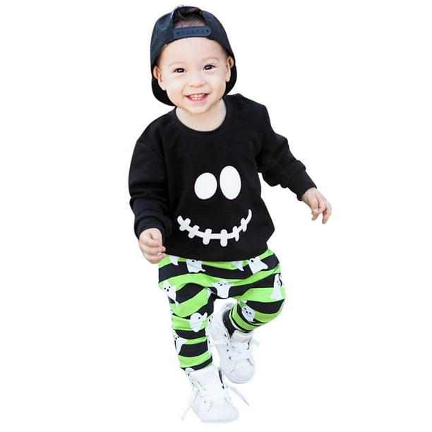 Toddler Boys Girls Ghost Print Tops Pullover Pants Halloween Outfits Set Green